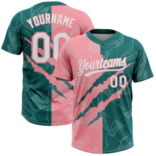 Softball2101 Custom Graffiti Pattern White Teal-Medium Pink 3D Scratch Two-Button Unisex Softball Jersey