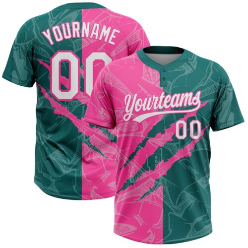Softball2102 Custom Graffiti Pattern White Teal-Pink 3D Scratch Two-Button Unisex Softball Jersey