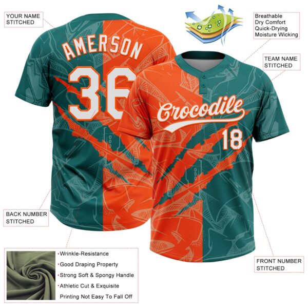 Custom Graffiti Pattern White Teal-Orange 3D Scratch Two-Button Unisex Softball Jersey