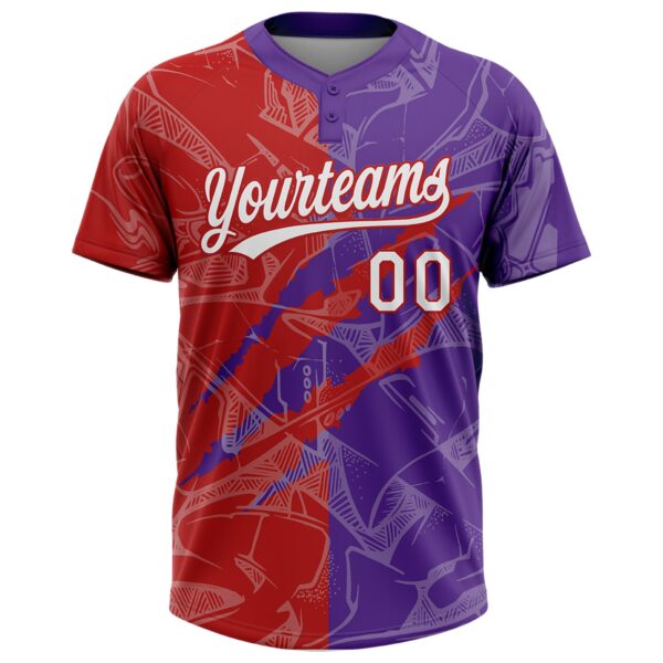 Custom Graffiti Pattern White Purple-Red 3D Scratch Two-Button Unisex Softball Jersey