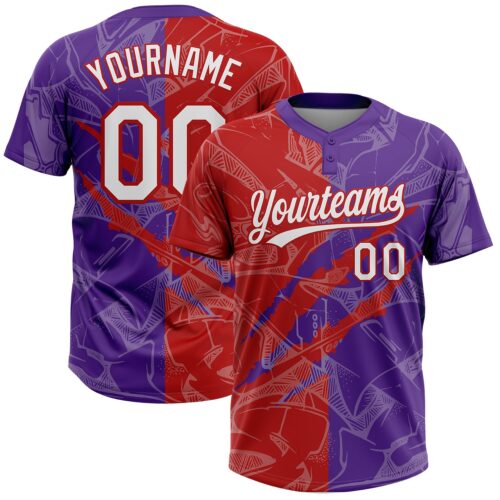Custom Graffiti Pattern White Purple-Red 3D Scratch Two-Button Unisex Softball Jersey