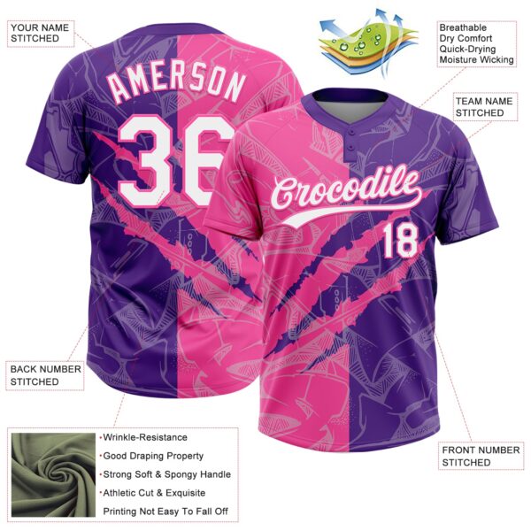 Custom Graffiti Pattern White Purple-Pink 3D Scratch Two-Button Unisex Softball Jersey