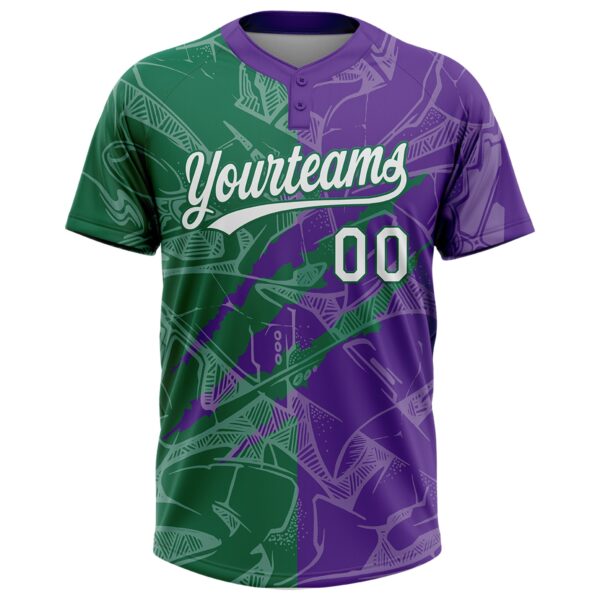 Custom Graffiti Pattern White Purple-Kelly Green 3D Scratch Two-Button Unisex Softball Jersey