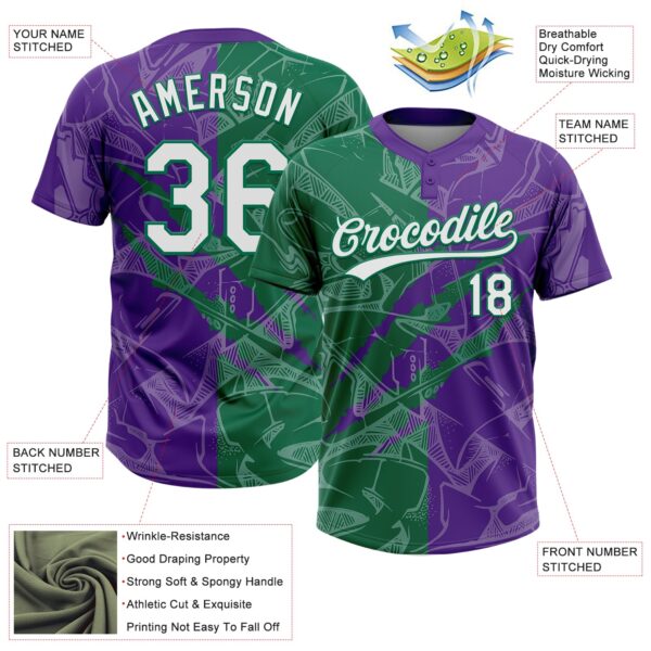 Custom Graffiti Pattern White Purple-Kelly Green 3D Scratch Two-Button Unisex Softball Jersey