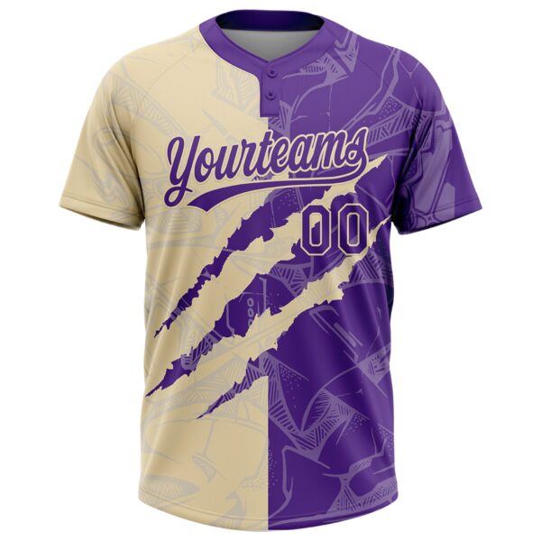 Custom Graffiti Pattern Purple-Cream 3D Scratch Two-Button Unisex Softball Jersey