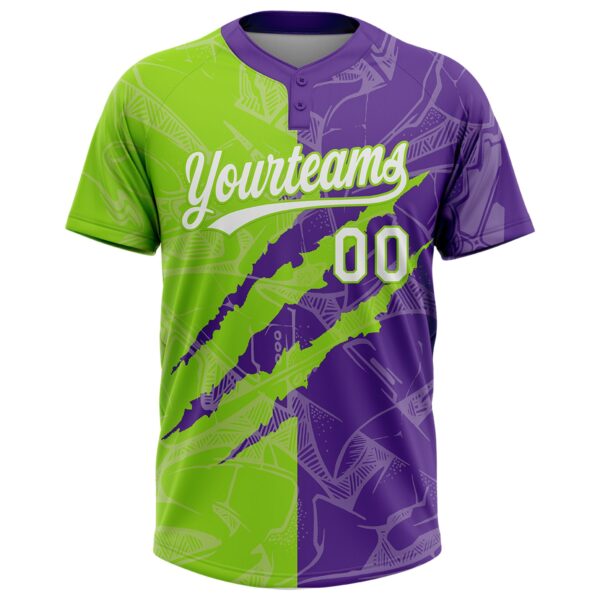 Custom Graffiti Pattern White Purple-Neon Green 3D Scratch Two-Button Unisex Softball Jersey