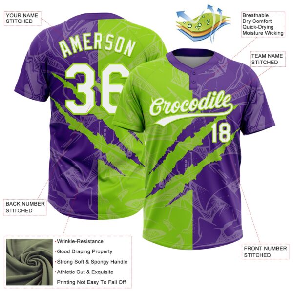 Custom Graffiti Pattern White Purple-Neon Green 3D Scratch Two-Button Unisex Softball Jersey