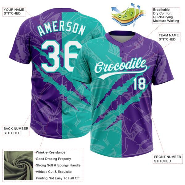 Custom Graffiti Pattern White Purple-Aqua 3D Scratch Two-Button Unisex Softball Jersey