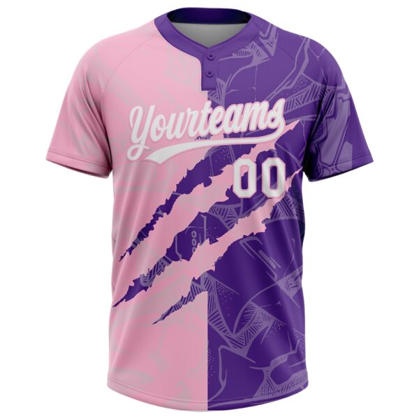 Custom Graffiti Pattern White Purple-Light Pink 3D Scratch Two-Button Unisex Softball Jersey