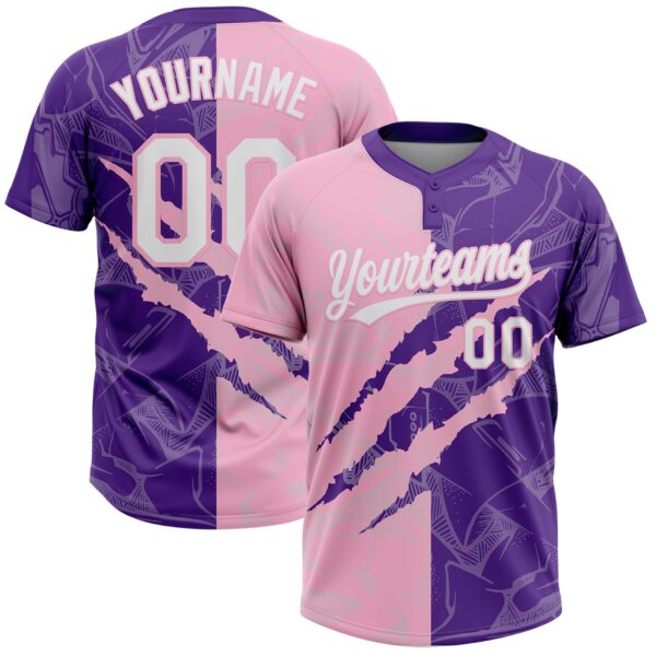 Custom Graffiti Pattern White Purple-Light Pink 3D Scratch Two-Button Unisex Softball Jersey