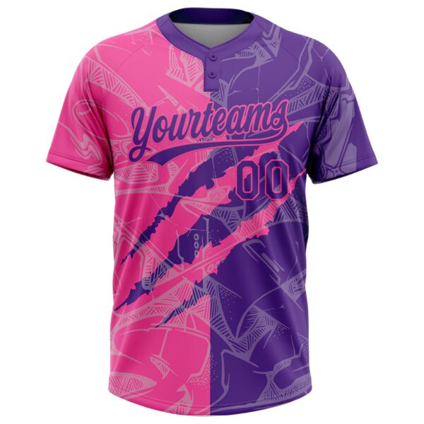 Custom Graffiti Pattern Purple-Pink 3D Scratch Two-Button Unisex Softball Jersey