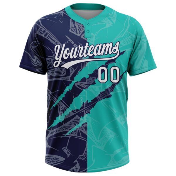 Custom Graffiti Pattern White Aqua-Navy 3D Scratch Two-Button Unisex Softball Jersey