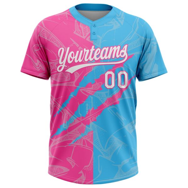 Custom Graffiti Pattern White Sky Blue-Pink 3D Scratch Two-Button Unisex Softball Jersey