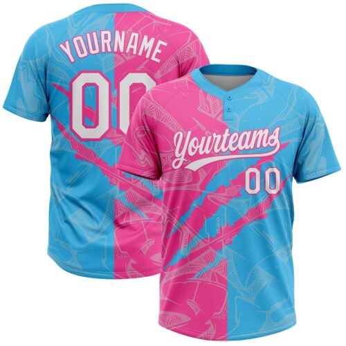 Custom Graffiti Pattern White Sky Blue-Pink 3D Scratch Two-Button Unisex Softball Jersey