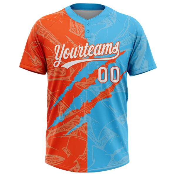 Custom Graffiti Pattern White Sky Blue-Orange 3D Scratch Two-Button Unisex Softball Jersey