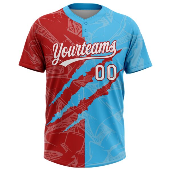 Custom Graffiti Pattern White Sky Blue-Red 3D Scratch Two-Button Unisex Softball Jersey
