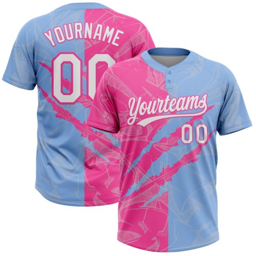 Custom Graffiti Pattern White Light Blue-Pink 3D Scratch Two-Button Unisex Softball Jersey