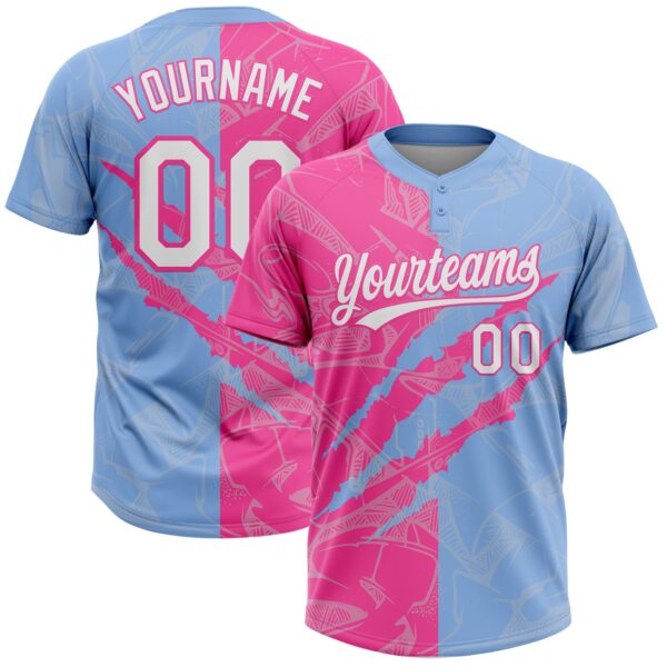 Custom Graffiti Pattern White Light Blue-Pink 3D Scratch Two-Button Unisex Softball Jersey