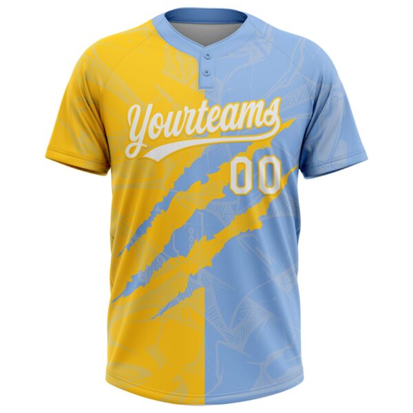 Custom Graffiti Pattern White Light Blue-Yellow 3D Scratch Two-Button Unisex Softball Jersey
