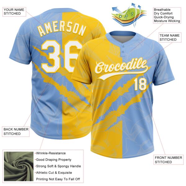 Custom Graffiti Pattern White Light Blue-Yellow 3D Scratch Two-Button Unisex Softball Jersey