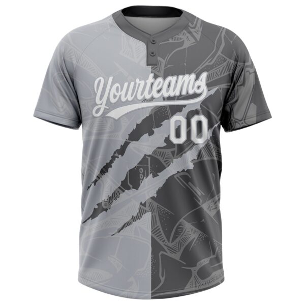 Custom Graffiti Pattern White Steel Gray-Gray 3D Scratch Two-Button Unisex Softball Jersey
