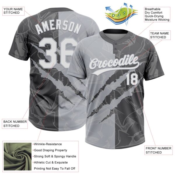 Custom Graffiti Pattern White Steel Gray-Gray 3D Scratch Two-Button Unisex Softball Jersey
