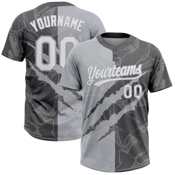 Custom Graffiti Pattern White Steel Gray-Gray 3D Scratch Two-Button Unisex Softball Jersey