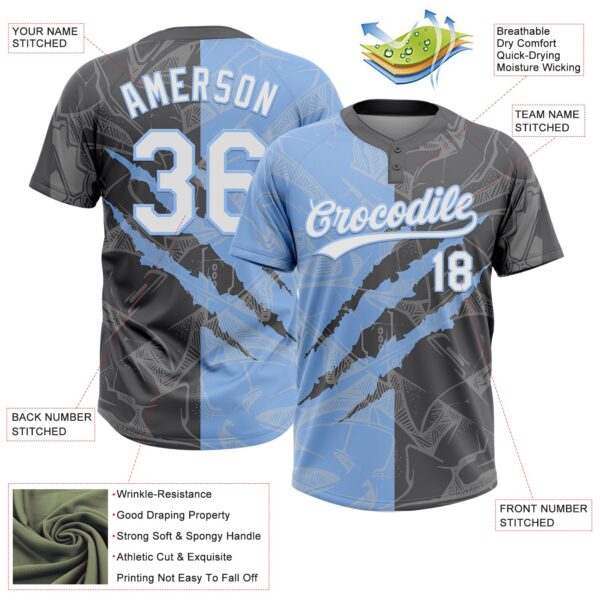 Custom Graffiti Pattern White Steel Gray-Light Blue 3D Scratch Two-Button Unisex Softball Jersey