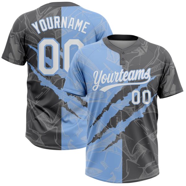 Custom Graffiti Pattern White Steel Gray-Light Blue 3D Scratch Two-Button Unisex Softball Jersey