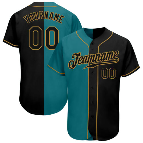 SplitF0041 Custom Teal-Black Old Gold Authentic Split Fashion Baseball Jersey