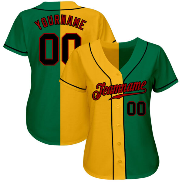 Custom Kelly Green Black-Yellow Authentic Split Fashion Baseball Jersey