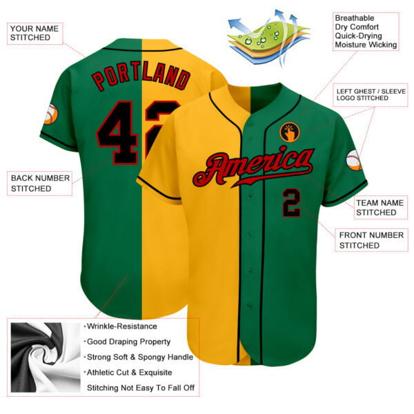 Custom Kelly Green Black-Yellow Authentic Split Fashion Baseball Jersey