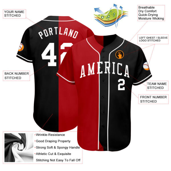 Custom Black White-Red Authentic Split Fashion Baseball Jersey