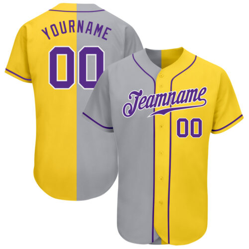 SplitF0568 Custom Yellow Purple Gray-White Authentic Split Fashion Baseball Jersey