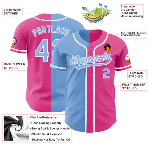 Custom Pink Light Blue-White Authentic Split Fashion Baseball Jersey