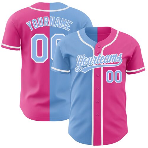 SplitF0584 Custom Pink Light Blue-White Authentic Split Fashion Baseball Jersey
