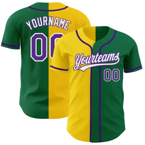 SplitF0609 Custom Kelly Green Purple-Yellow Authentic Split Fashion Baseball Jersey