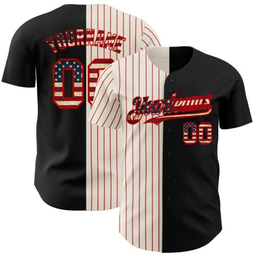 SplitF0639 Custom Black Vintage USA Flag Cream-Red Pinstripe Authentic Split Fashion Baseball Jersey