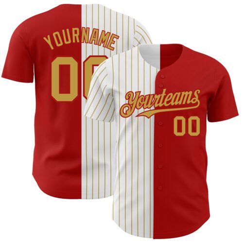 SplitF0647 Custom Red White-Old Gold Pinstripe Authentic Split Fashion Baseball Jersey