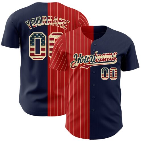 SplitF0667 Custom Navy Vintage USA Flag Red-Cream Pinstripe Authentic Split Fashion Baseball Jersey