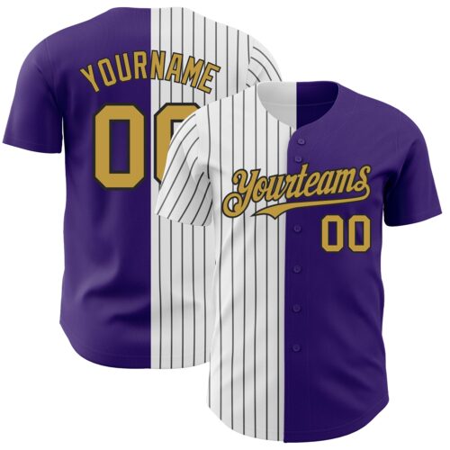 SplitF0685 Custom Purple Old Gold-Black Pinstripe Authentic Split Fashion Baseball Jersey