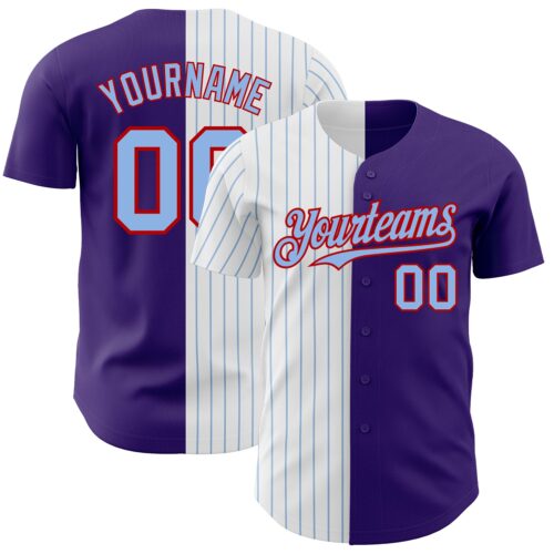 SplitF0694 Custom Purple Red-Light Blue Pinstripe Authentic Split Fashion Baseball Jersey