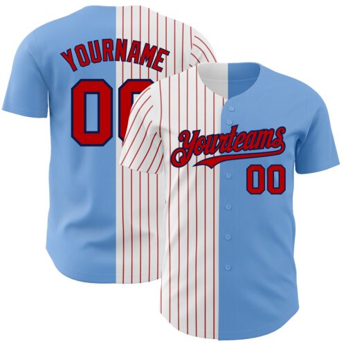 SplitF0710 Custom Light Blue Navy-Red Pinstripe Authentic Split Fashion Baseball Jersey