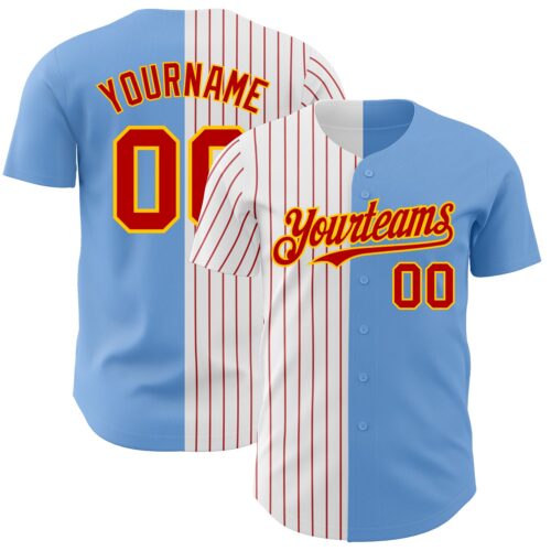 SplitF0711 Custom Light Blue Yellow-Red Pinstripe Authentic Split Fashion Baseball Jersey