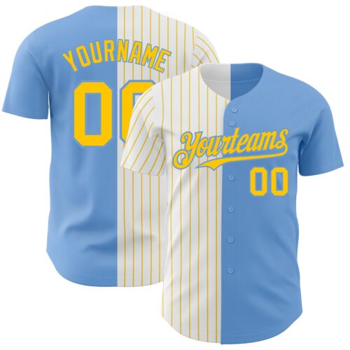 SplitF0712 Custom Light Blue White-Yellow Pinstripe Authentic Split Fashion Baseball Jersey