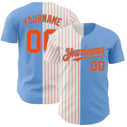 SplitF0714 Custom Light Blue White-Orange Pinstripe Authentic Split Fashion Baseball Jersey