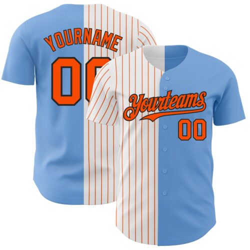 SplitF0715 Custom Light Blue Black-Orange Pinstripe Authentic Split Fashion Baseball Jersey