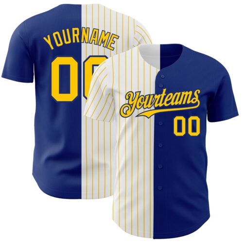 SplitF0730 Custom Royal White-Yellow Pinstripe Authentic Split Fashion Baseball Jersey