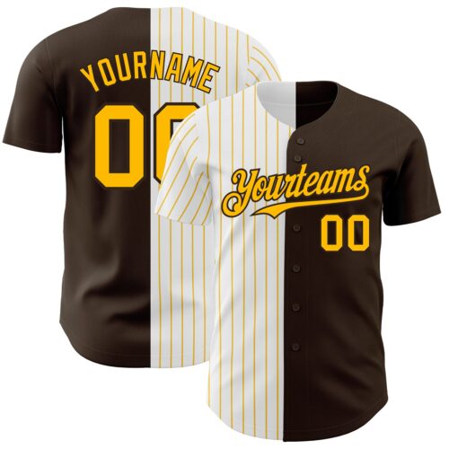 SplitF0754 Custom Brown White-Gold Pinstripe Authentic Split Fashion Baseball Jersey