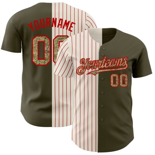SplitF0777 Custom Olive Camo Cream-Red Pinstripe Authentic Split Fashion Salute To Service Baseball Jersey